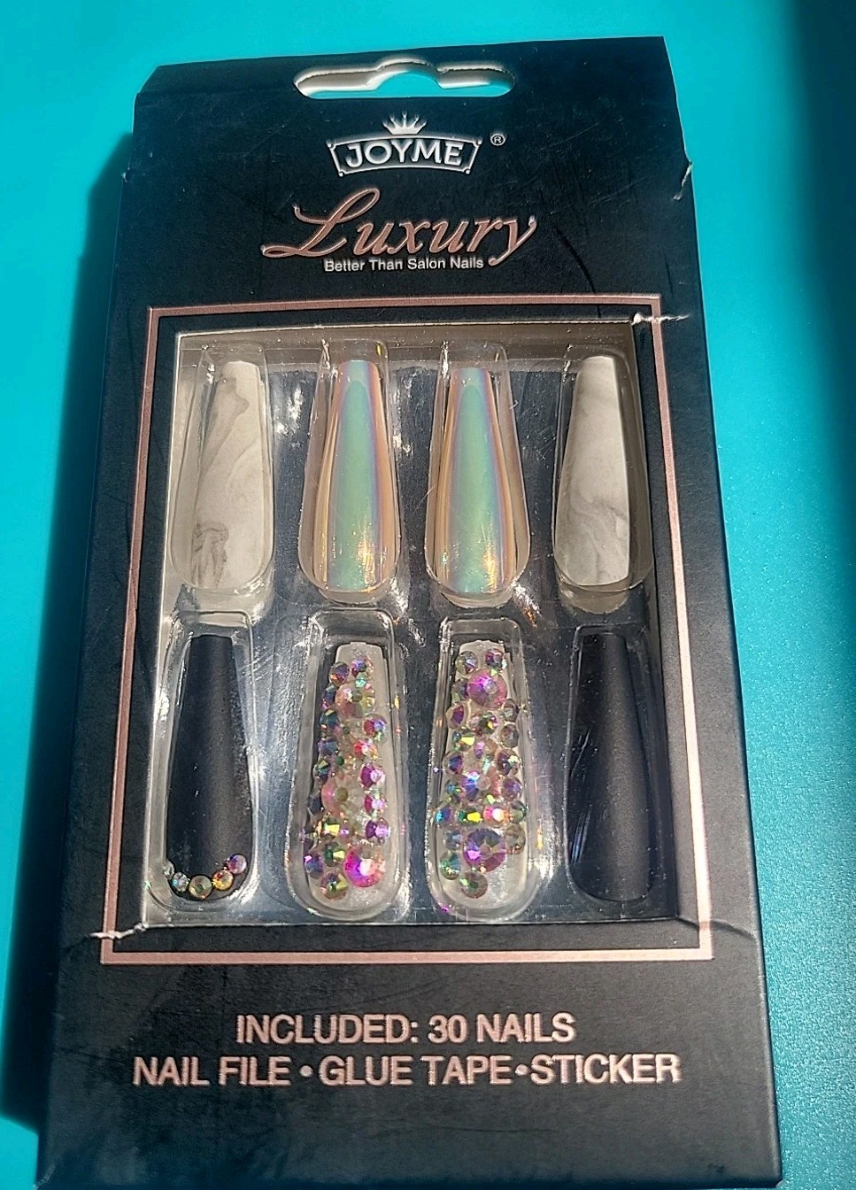Beautiful New Luxury Nails, Black, Pearlescent, Marble, W/rhinestones