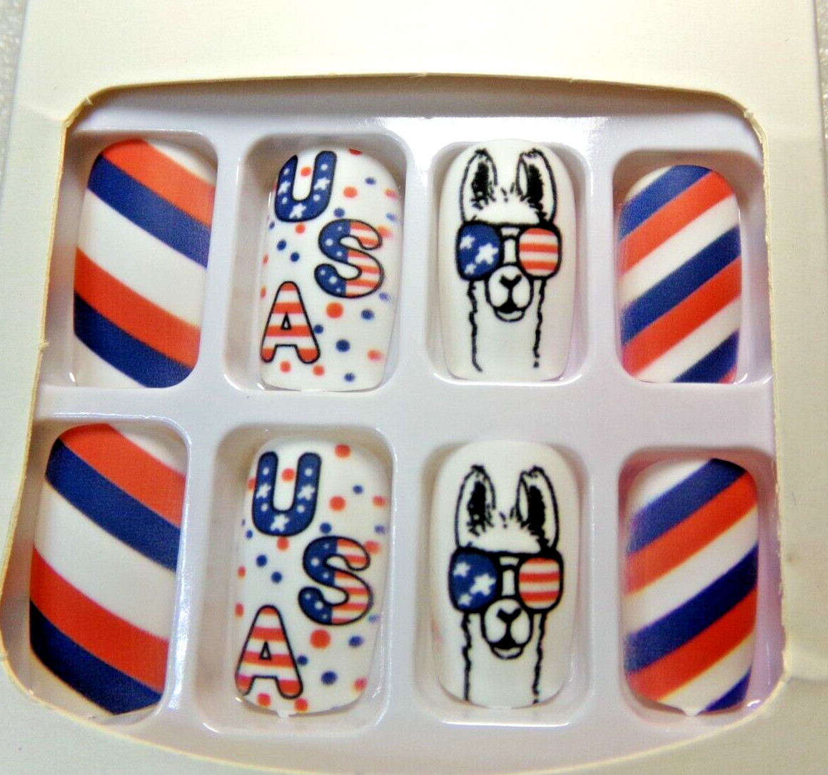 4th of July Nails Shiny Llama Red White & Blue GLUE ON Medium matte