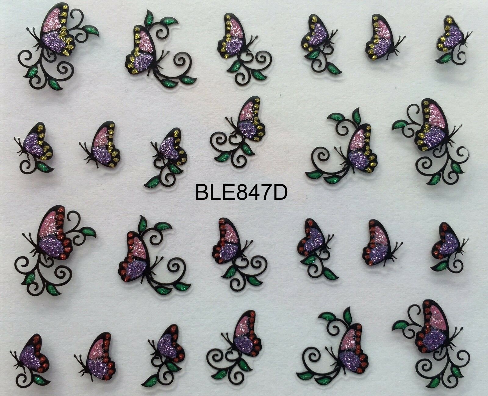 Nail Art 3D Decal Glitter Stickers Pink purple Butterfly green leaf BLE847D