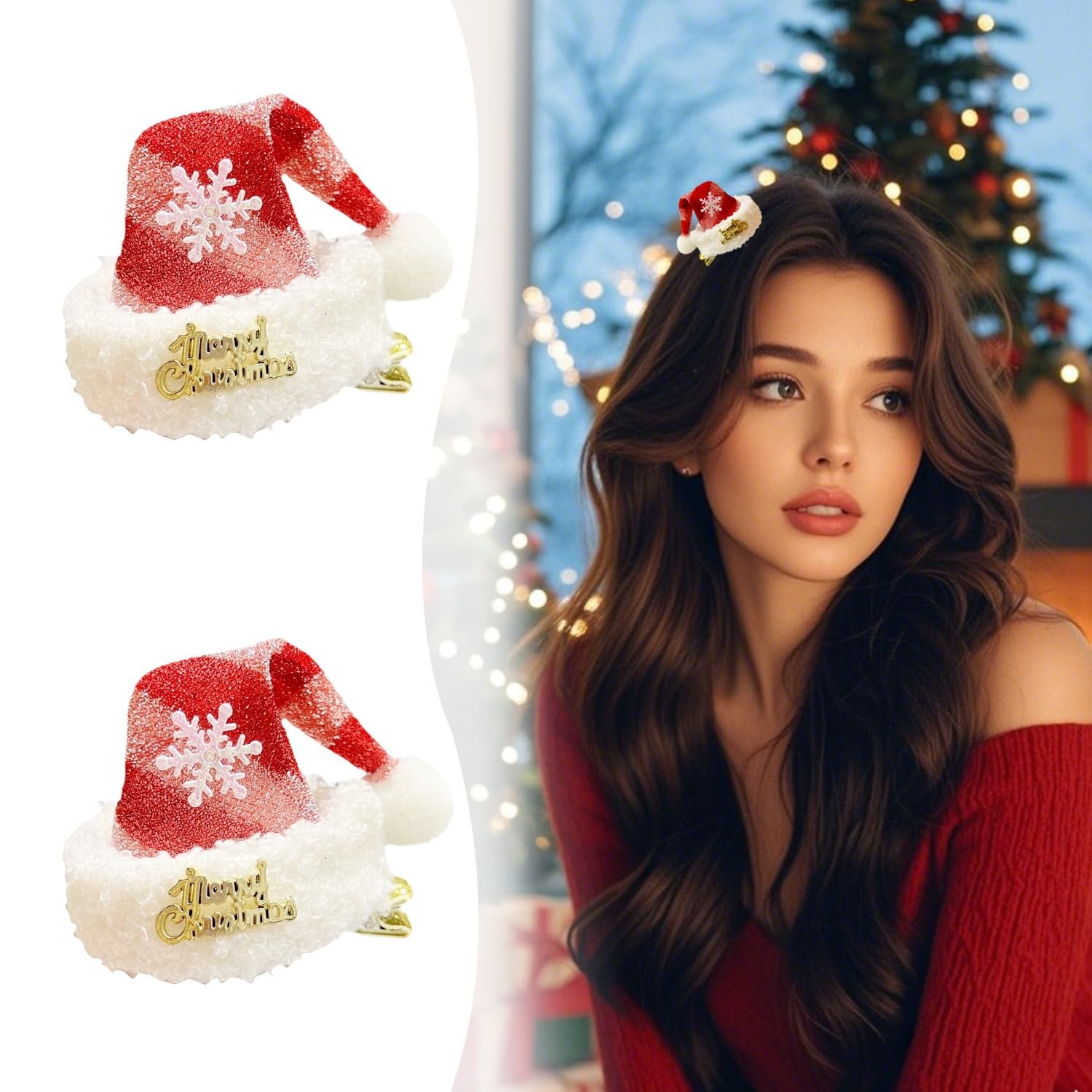 2Pcs Christmas Hair Clips Mini Hat 1 Count (Pack of 2), Red