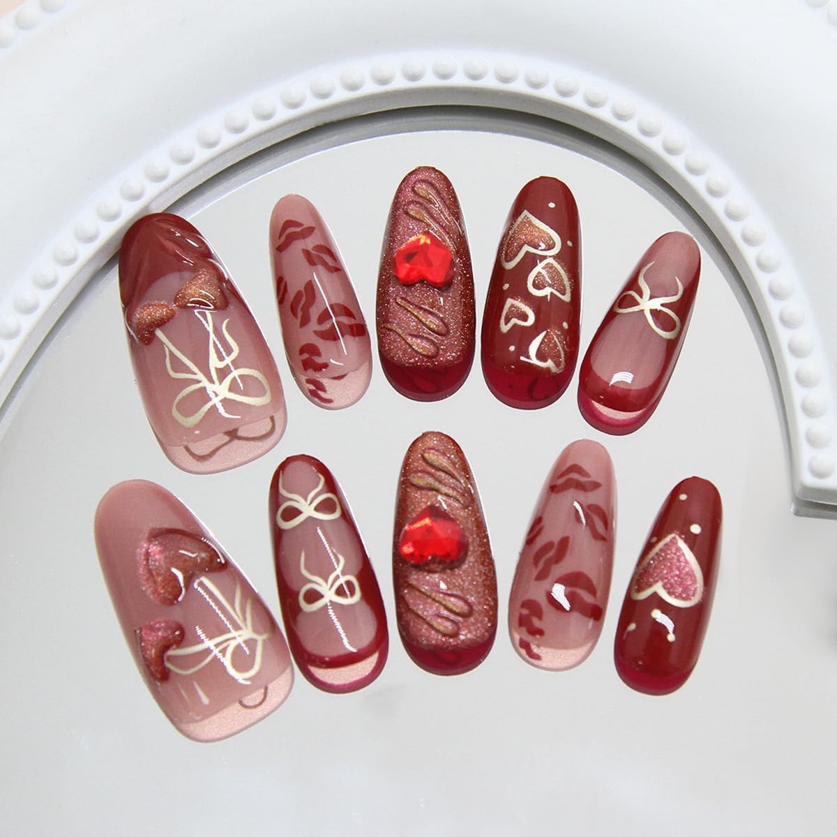 Mkwntg Heart Fake Nails-5 Rhinestone Cherry Bow