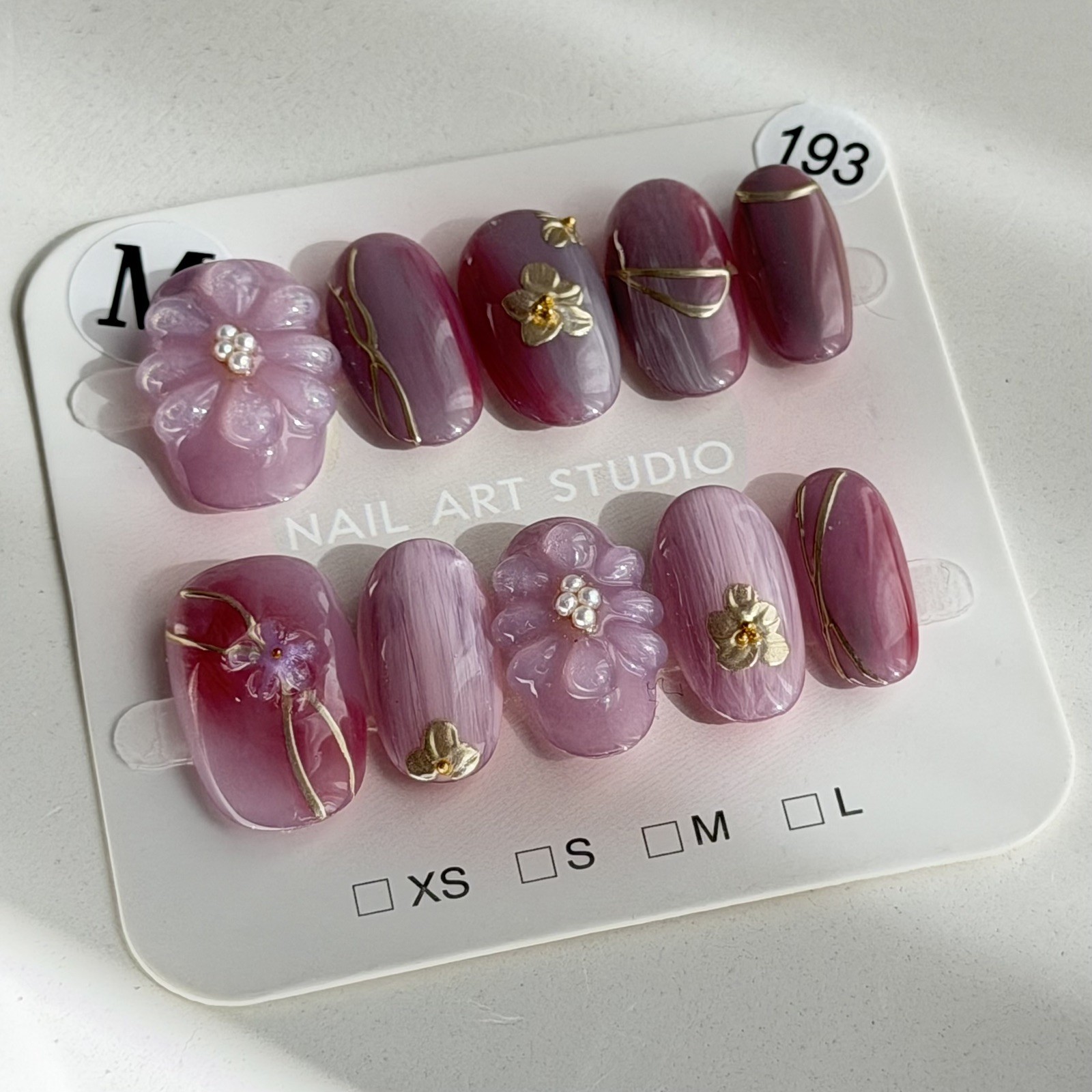 Handmade Pink 3D Flower AB Press-On Nails Short Oval Size M Reusable False Nail
