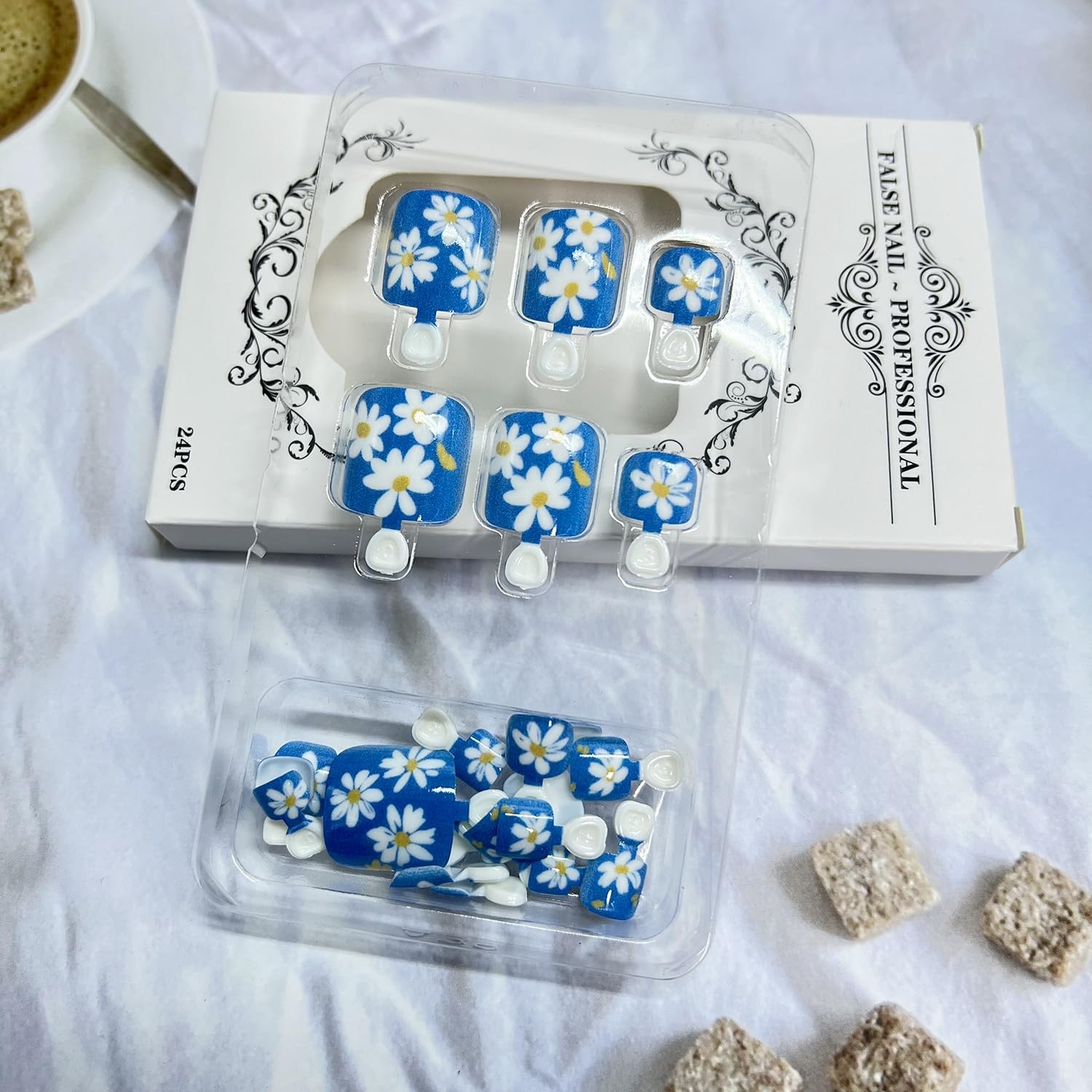 Blue Press on Toenails Short Square Fake Toe Nails Floral False Toenail