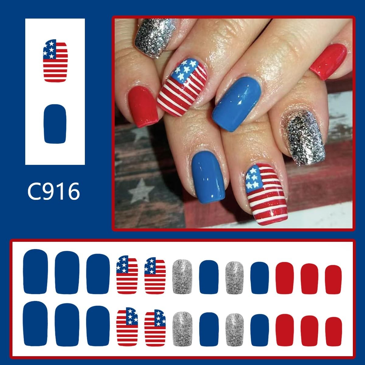 24Pcs 4th of July Press on Nails Short Square Independence Short, Multicolor