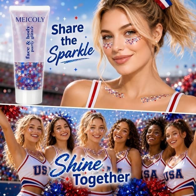50g Star Shaped Red White and Blue Body Glitter Face Glitter Gel, Patriotic A…