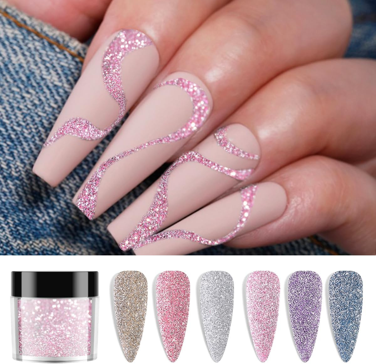 Reflective Glitter for Nails, 6 Colors Sparkle Nail Powder Diamond Dust Glitter
