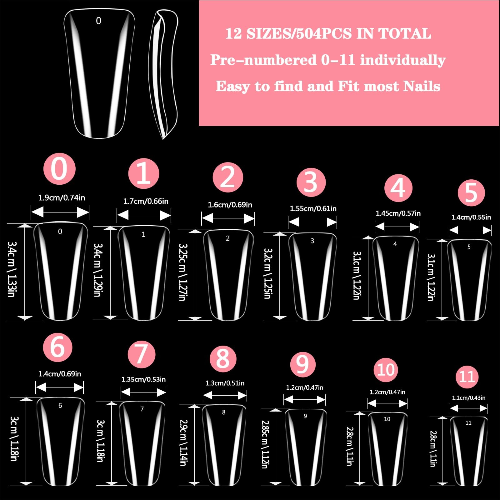 Namgznso Full Cover Duck Feet Nail Tips 504PCS 12 Sizes, clear