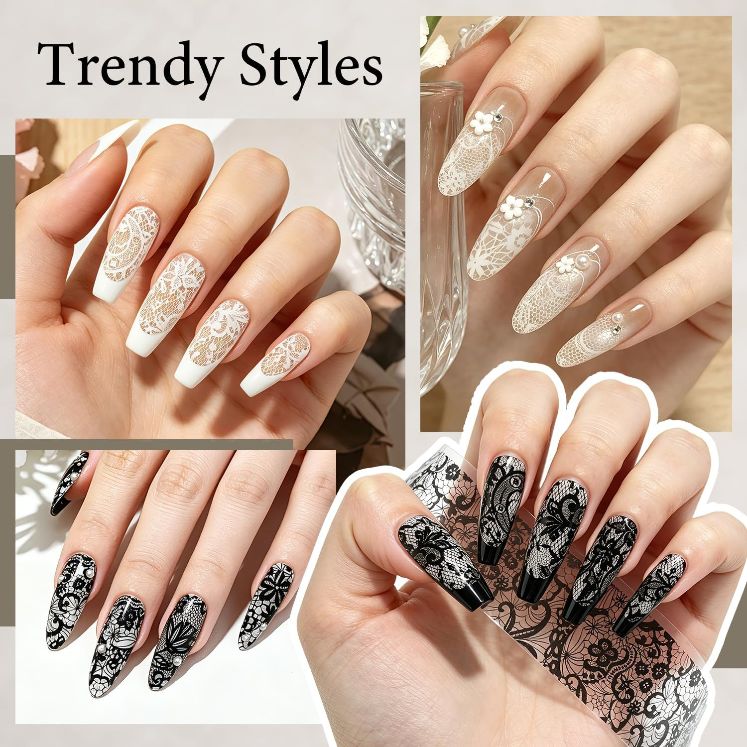 Lace Nail Foils,20 Rolls 2 Boxes Black and White Nail Art Transfer Stickers, Hol