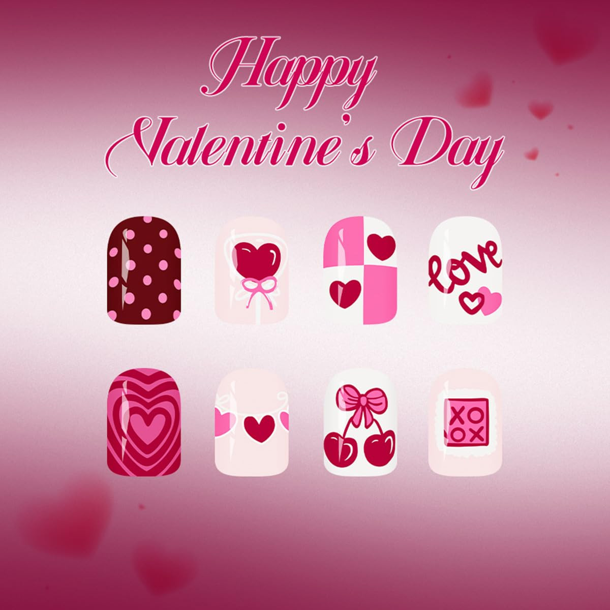 24Pcs Valentines Day Press on Nails Short Square Pink Balloon Heart Design A03