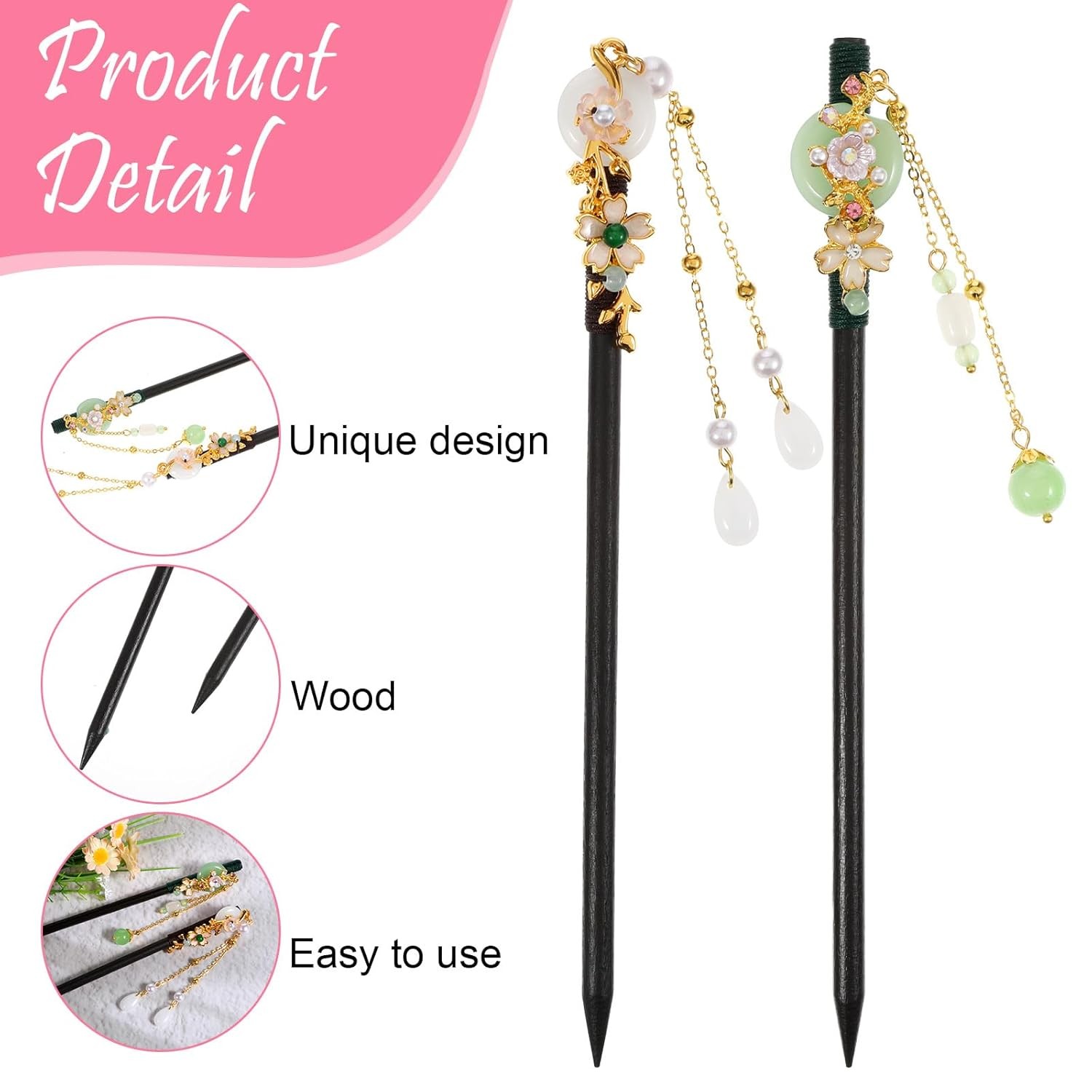 2 Pcs Japanese Chinese Hair Stick, Wood Flower Hairs black,green,gold