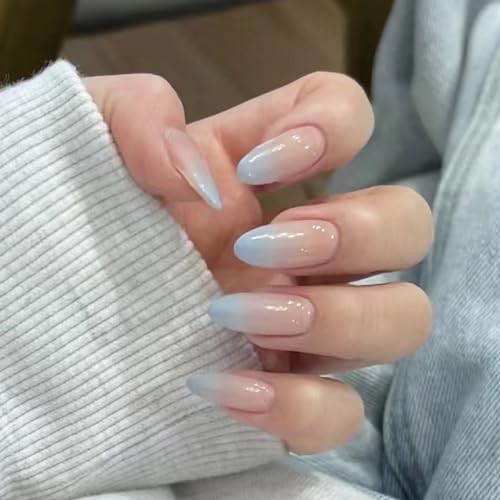 Almond Press on Nails Medium Fake Nails Ombre Blue French Tip 7024 Blue