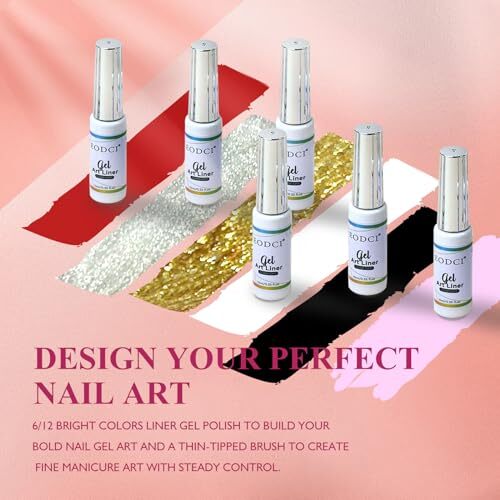 Nail Art Liner Set 6 Pcs Black White Red Gold Silver Glitters Colors Luxury
