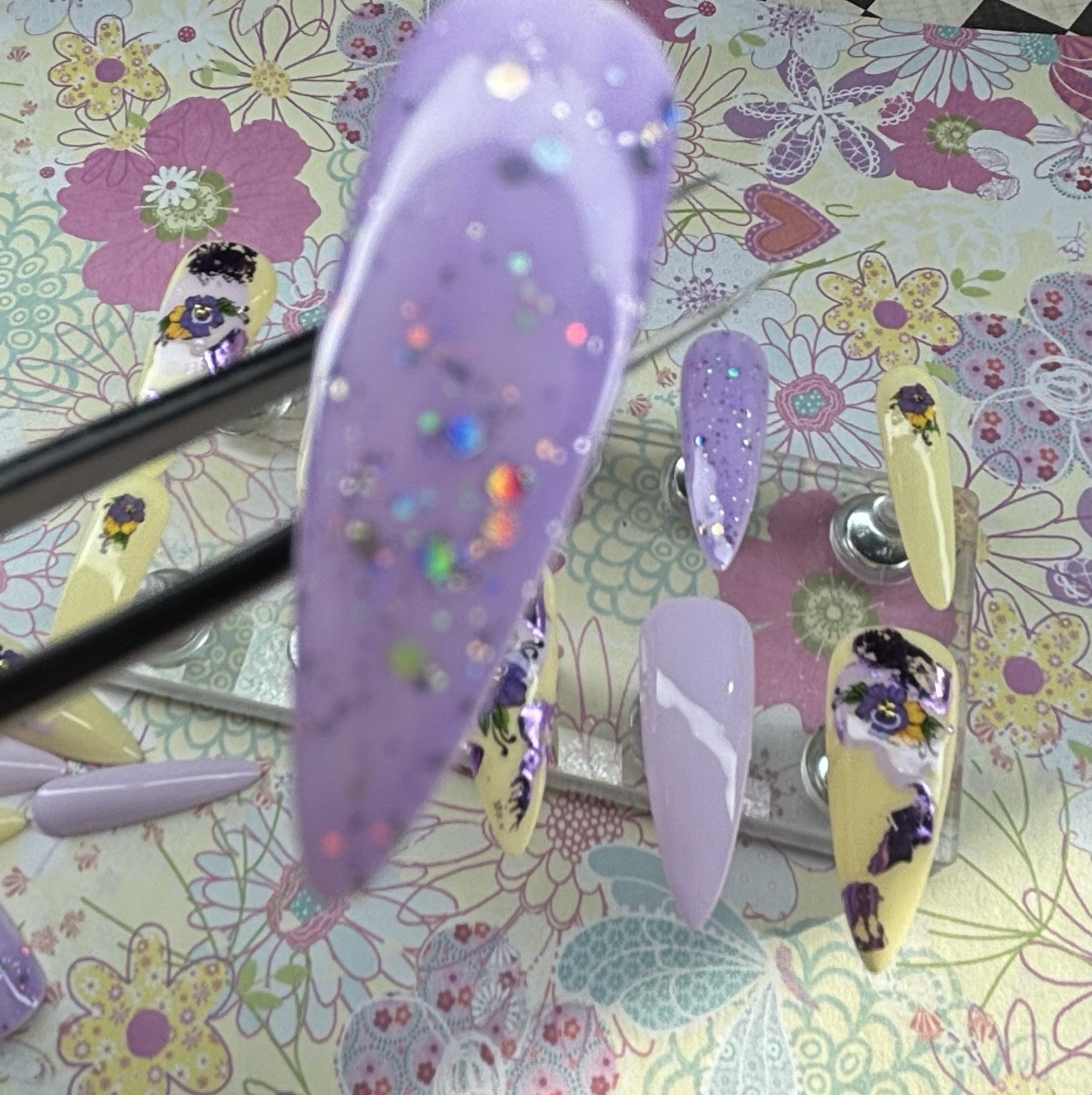 20 piece set handmade press on nails. Yellow purple floral med/short Stiletto