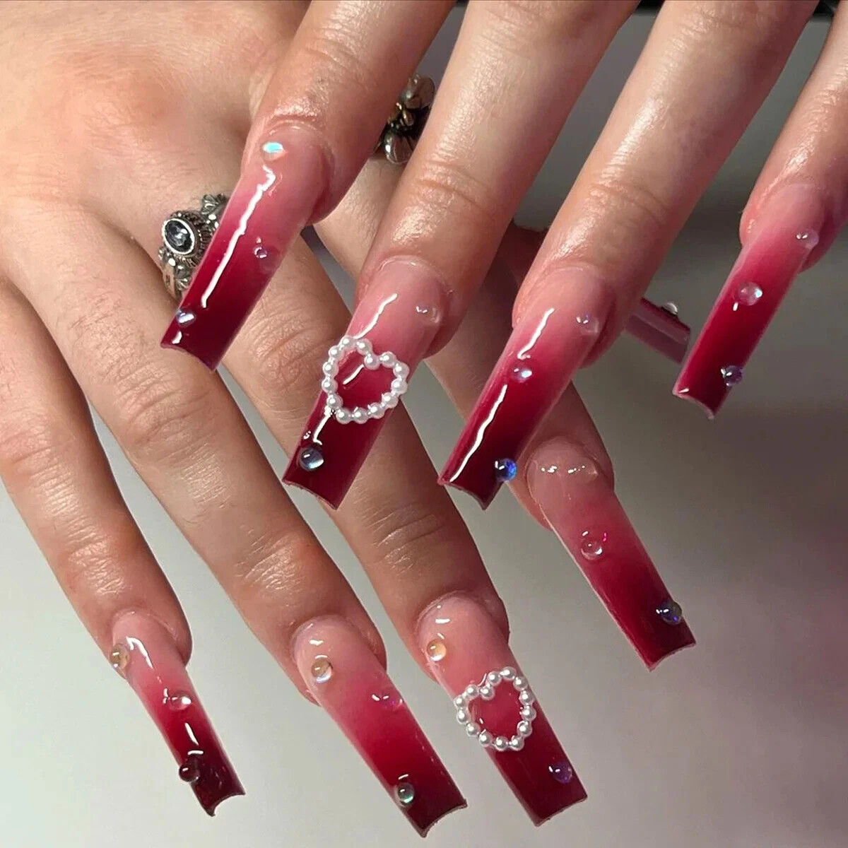 24Pcs Extra Long Square Fake Nail with Glue 3D Little Bear Bow Design False Nail