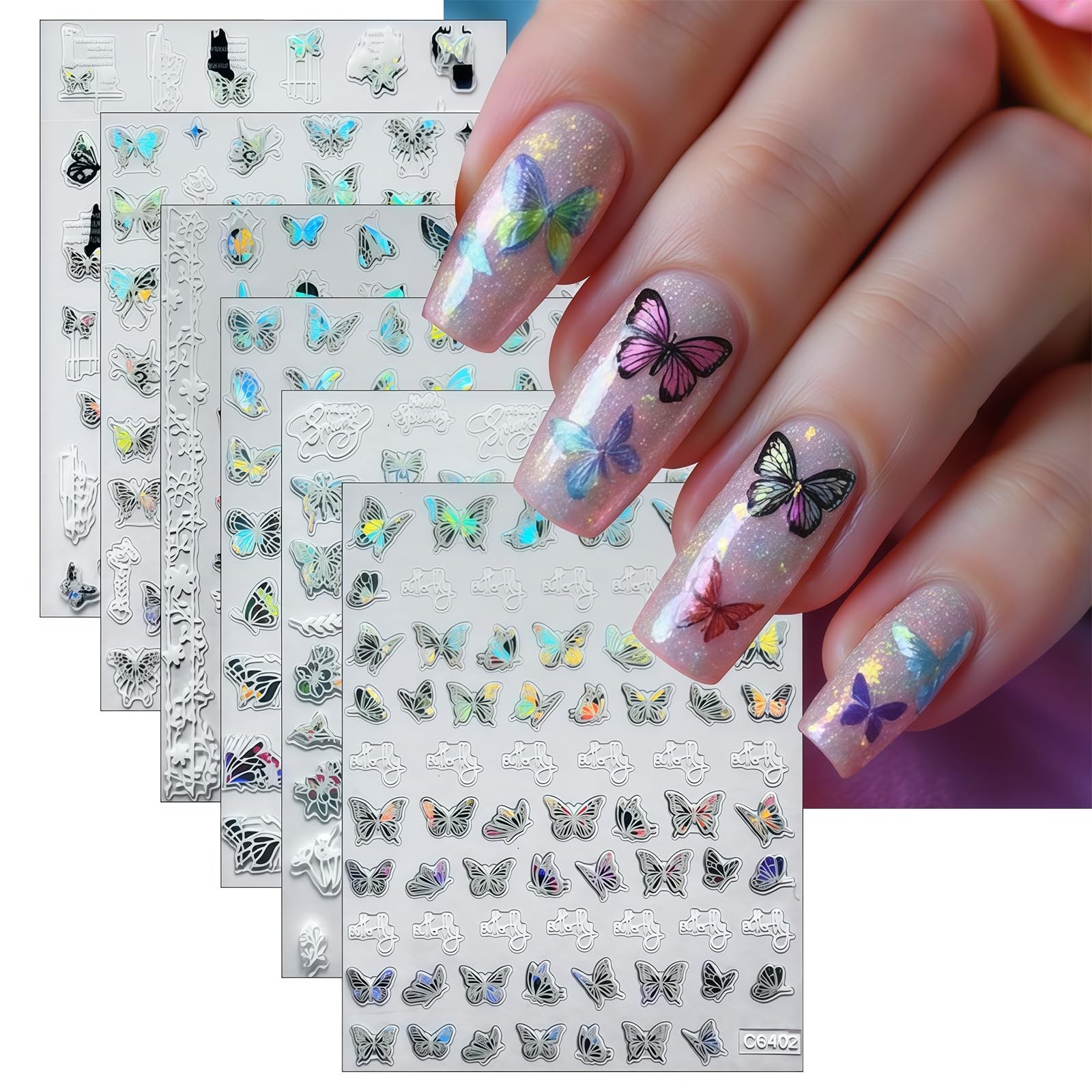 6 Sheets Shiny Aurora Butterfly Nail Art Sticker 3D -Adhesive Luxury White Fl…