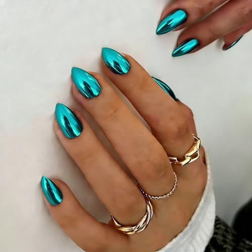 Acrylic Press on Nails Short Almond – Metallic Chrome Press On almond-teal