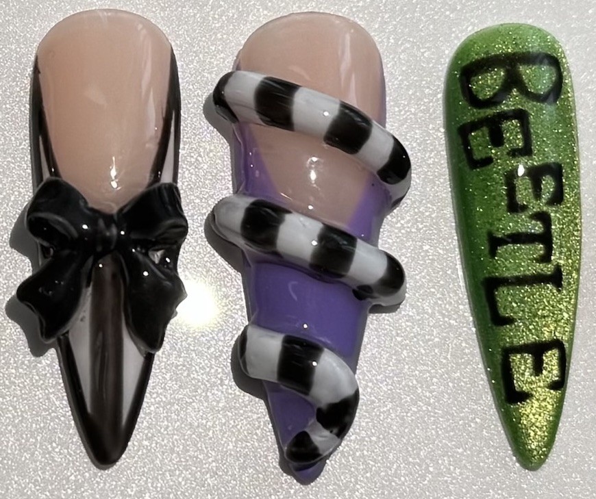 Custom Hand Painted Halloween Stilleto BeetleJuice Cateye Press On Nails 10Pc