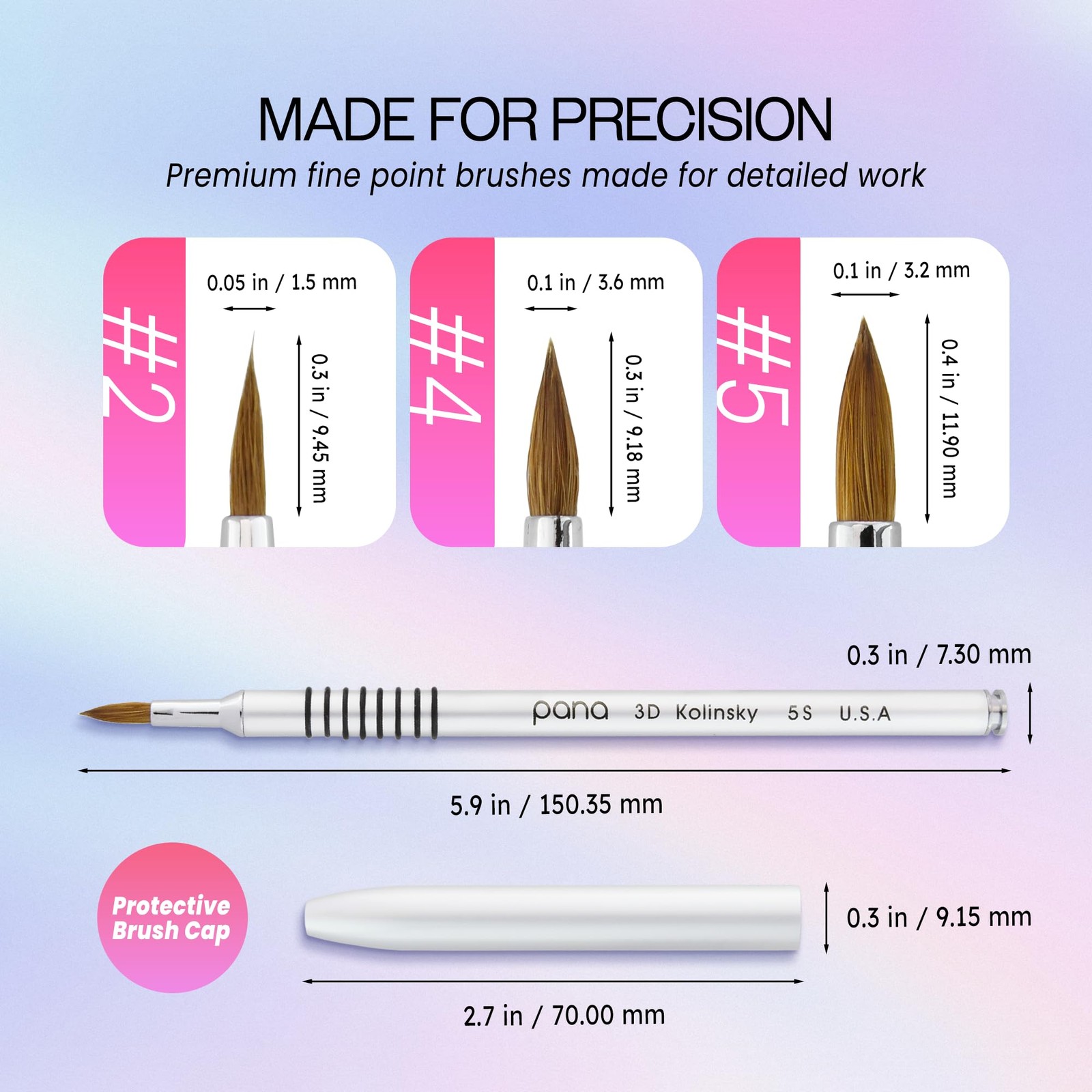 Size 5 Silver 3D Nail Art Brush with Kolinsky Bristles for Detailing