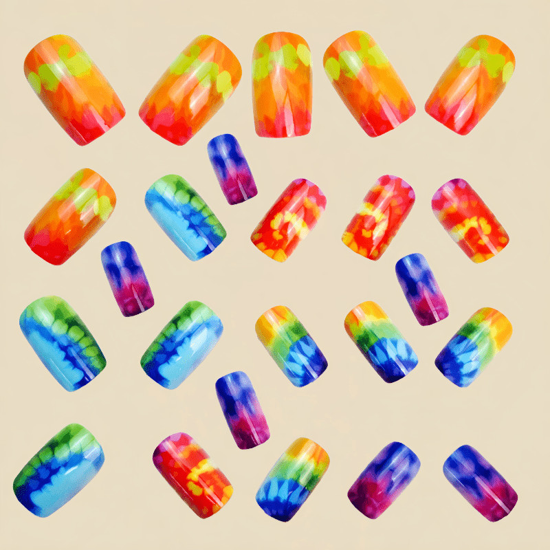 48 Pcs Rainbow Tie Dye Coffin Press on Nails, Bright Trendy Nude Fake Nails