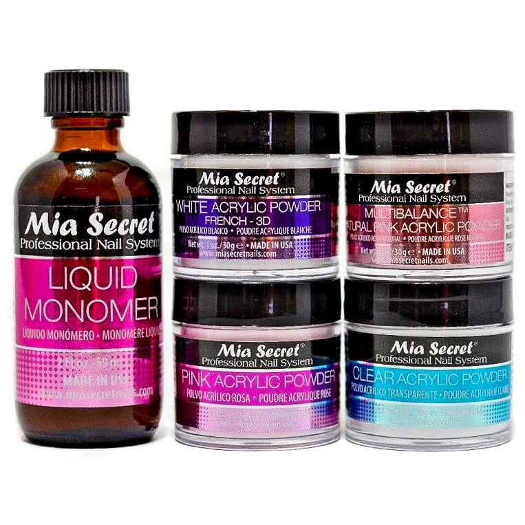 MIA SECRET LIQUID MONOMER 2oz&2/3/4 ACRYLIC PWDERS (Pink,Multi,White &Clear)