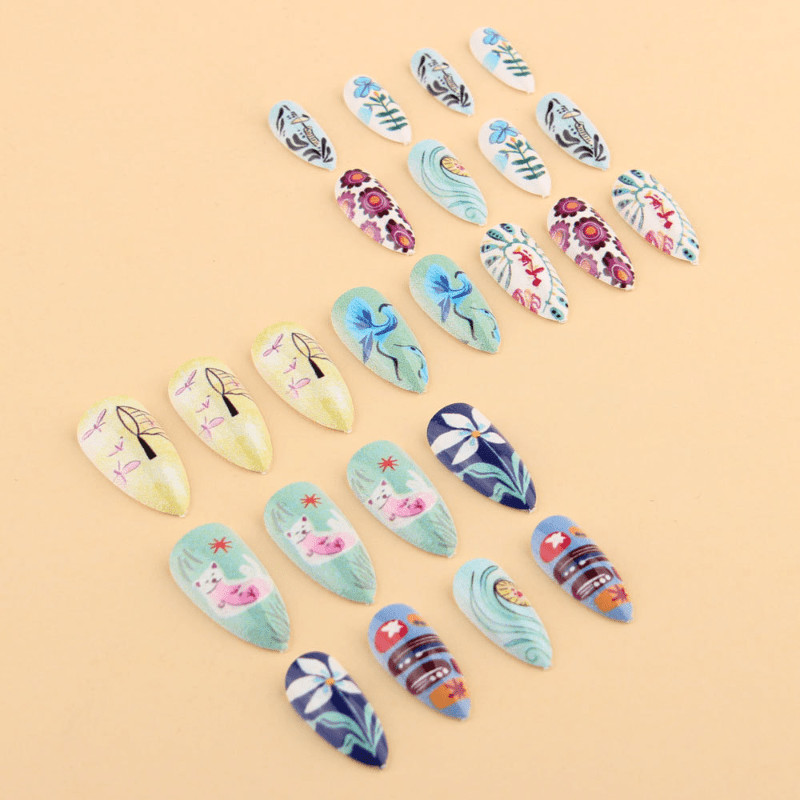 48pcs Almond Press on Nails, Retro Floral Bird Art Print Unique Fashion Nails