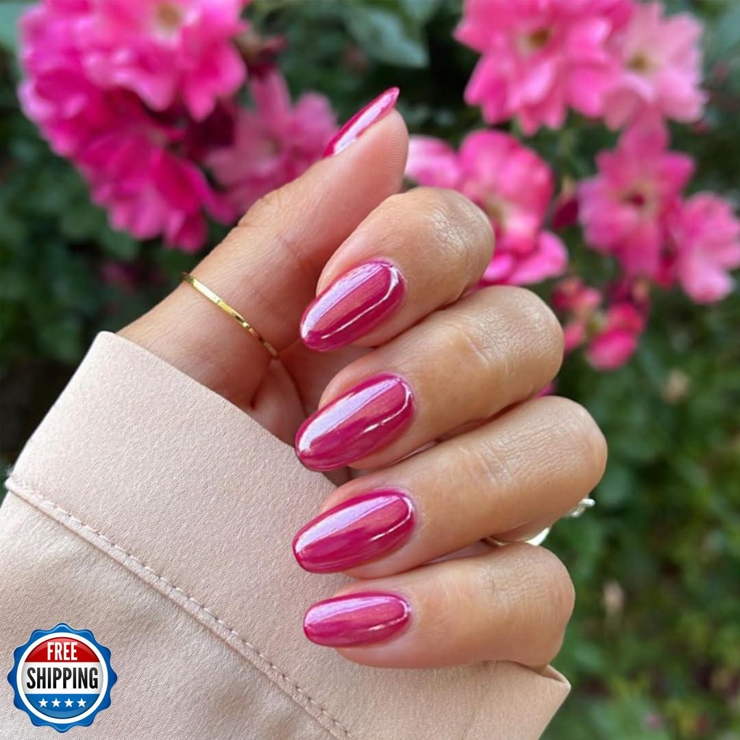 Hot Pink Chrome Press on Nails Medium Oval Fake Nails Full Cover,SXVME Hot Pi