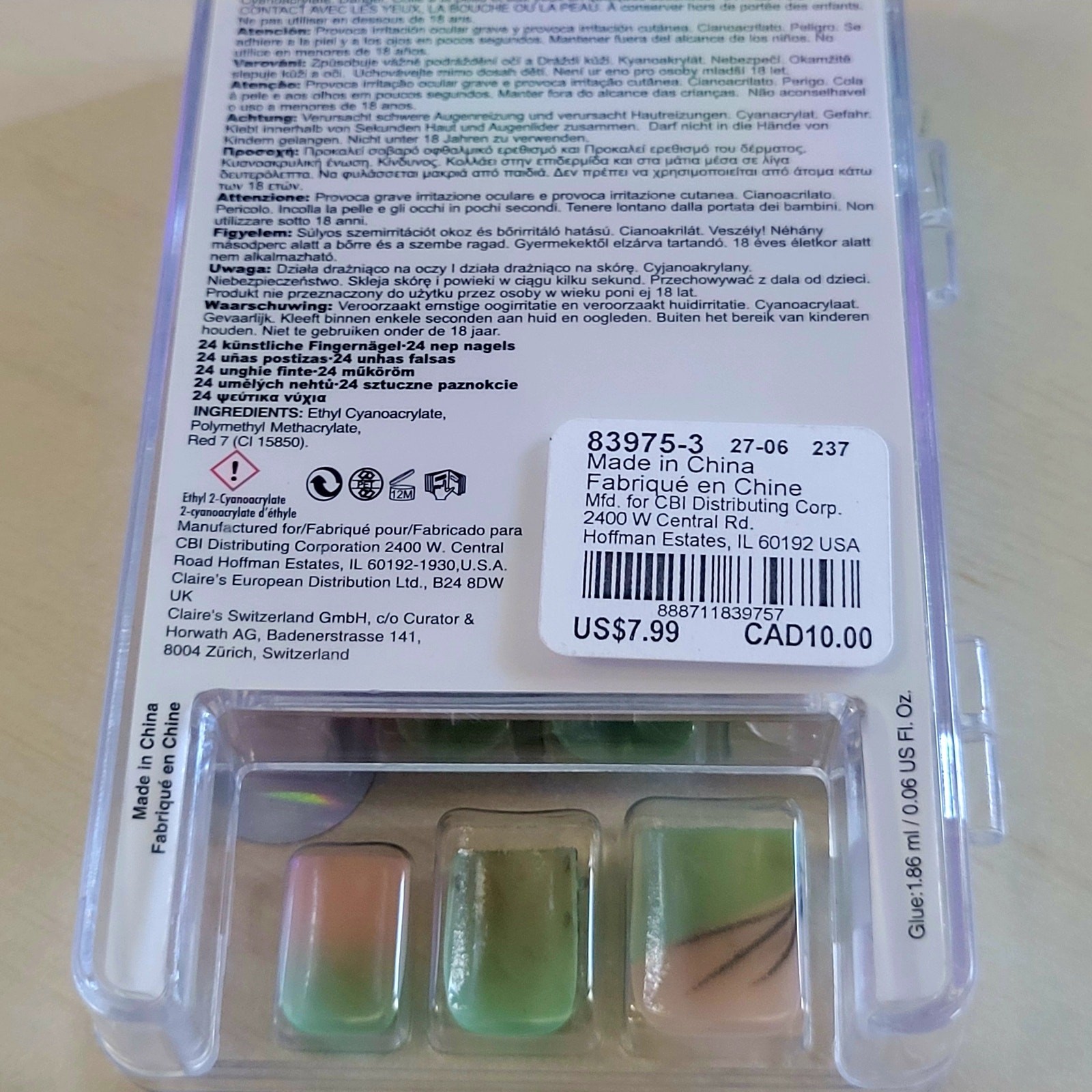 New Claire’s Glue-On Nails, Short Square, 24pc Mint Beach Theme, Unopened