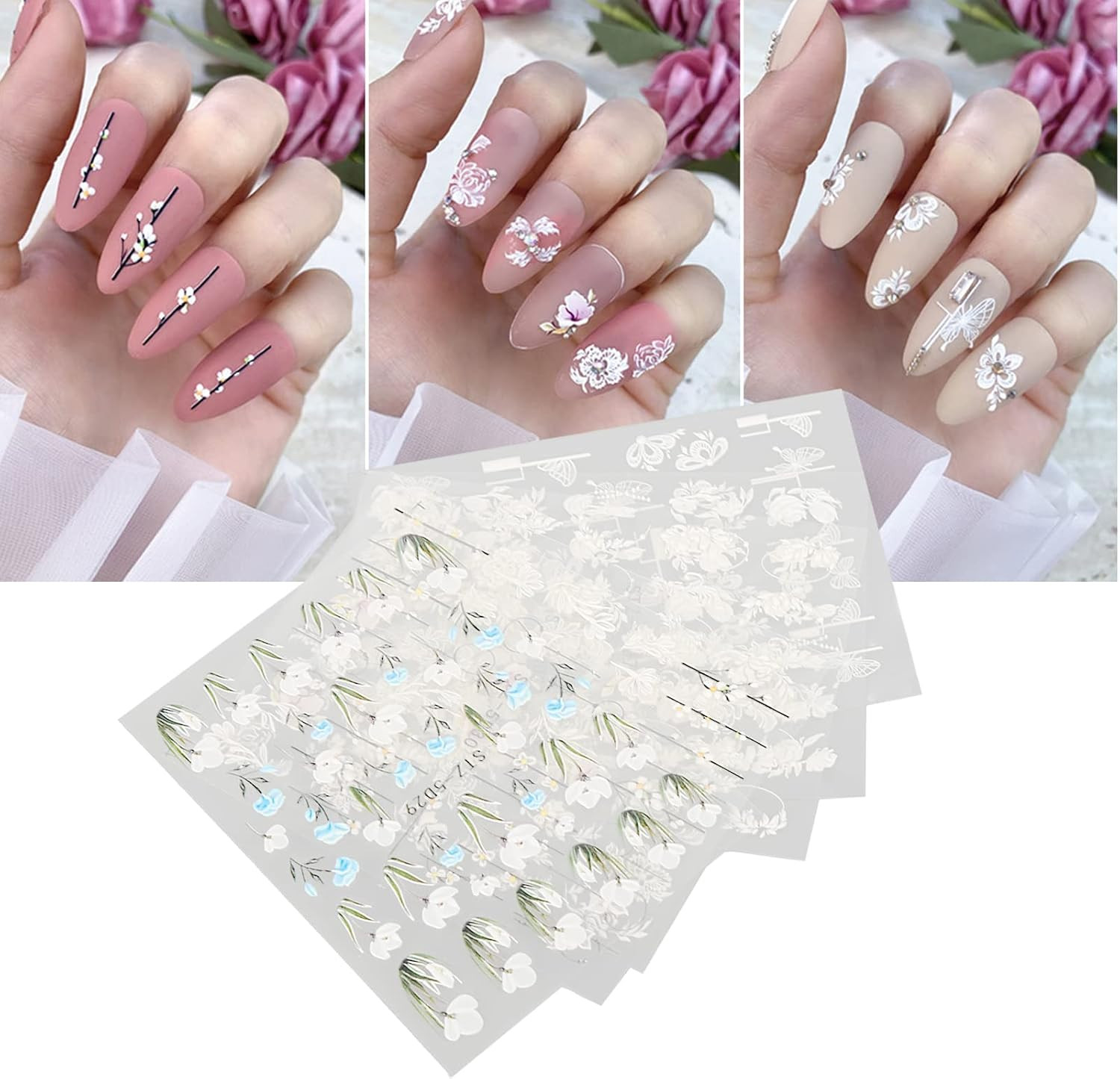 6Pcs Floral Nail Stickers Mixed Self Adhesive 3D Embossed Art Stickers Piece for
