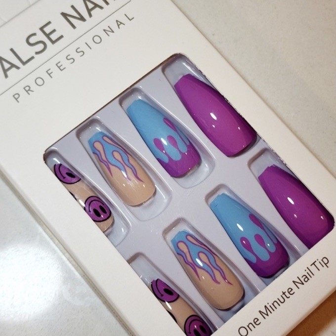 Press-On Nails Set, Purple Blue, Smiley Face Flame, Shiny, Long Coffin