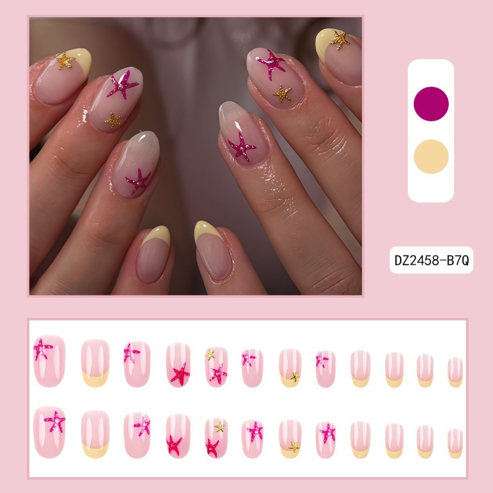 24PCS Starfish Motif Oval Press On Nails For french Style Nude Yellow Marine