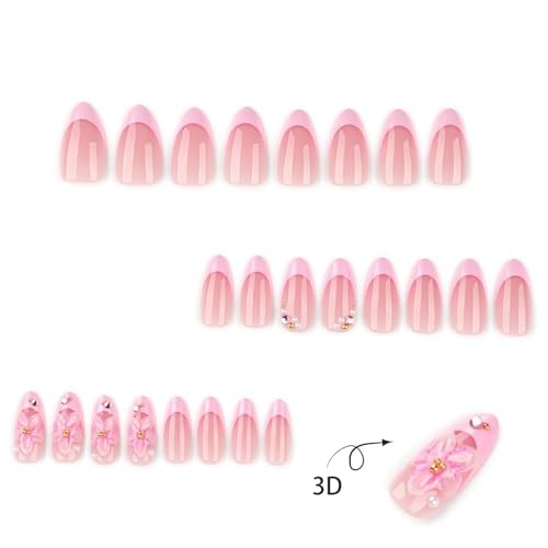 24Pcs French Tip Press on Nails with Charms 3D Pink French Pink Flower Style 6