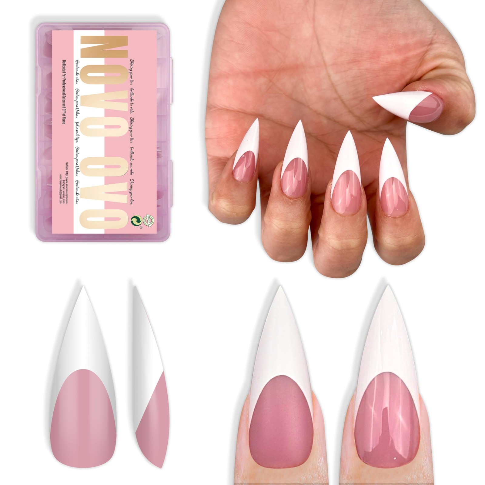 White French Tip Sharp Stiletto Pointed Medium Long Nail Tips Press on Berry …