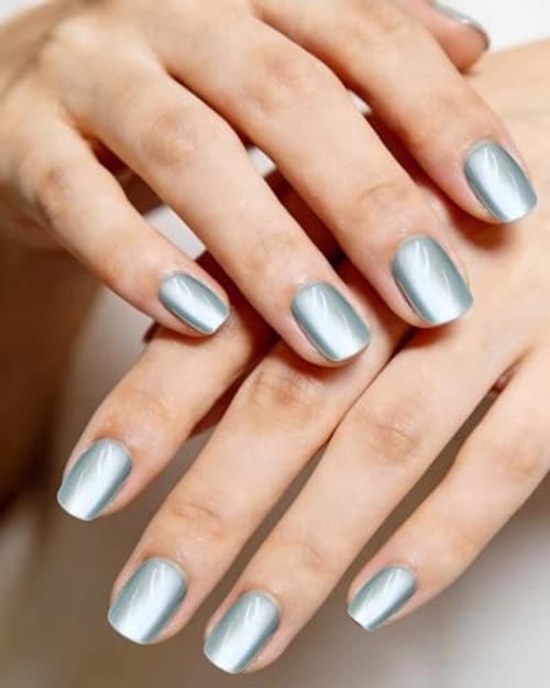 Short Square Press on Nails with Tools Kit, Blue Cat Eye 04# Teal Cat Eye