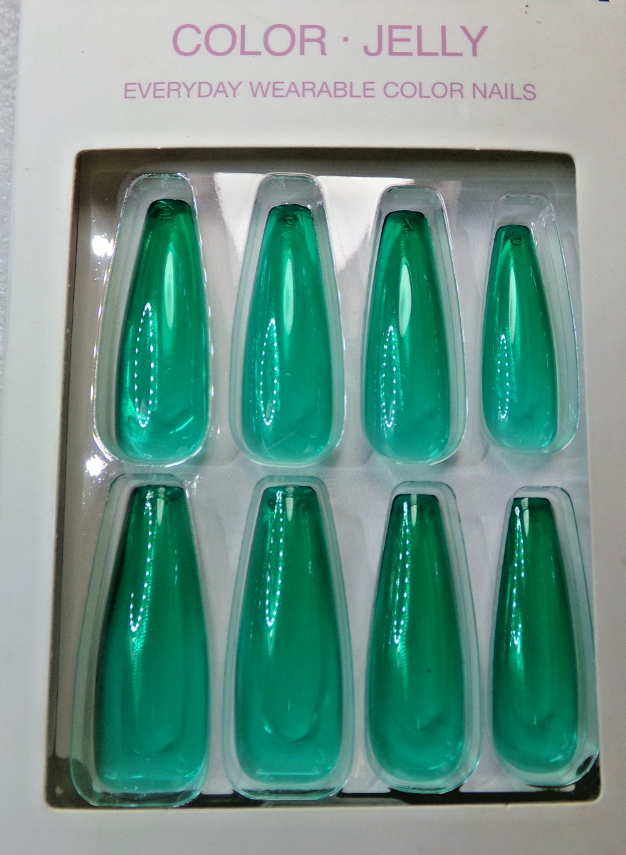Gold Finger Jelly NAILS GLUE ON Extra LONG- Shiny Green