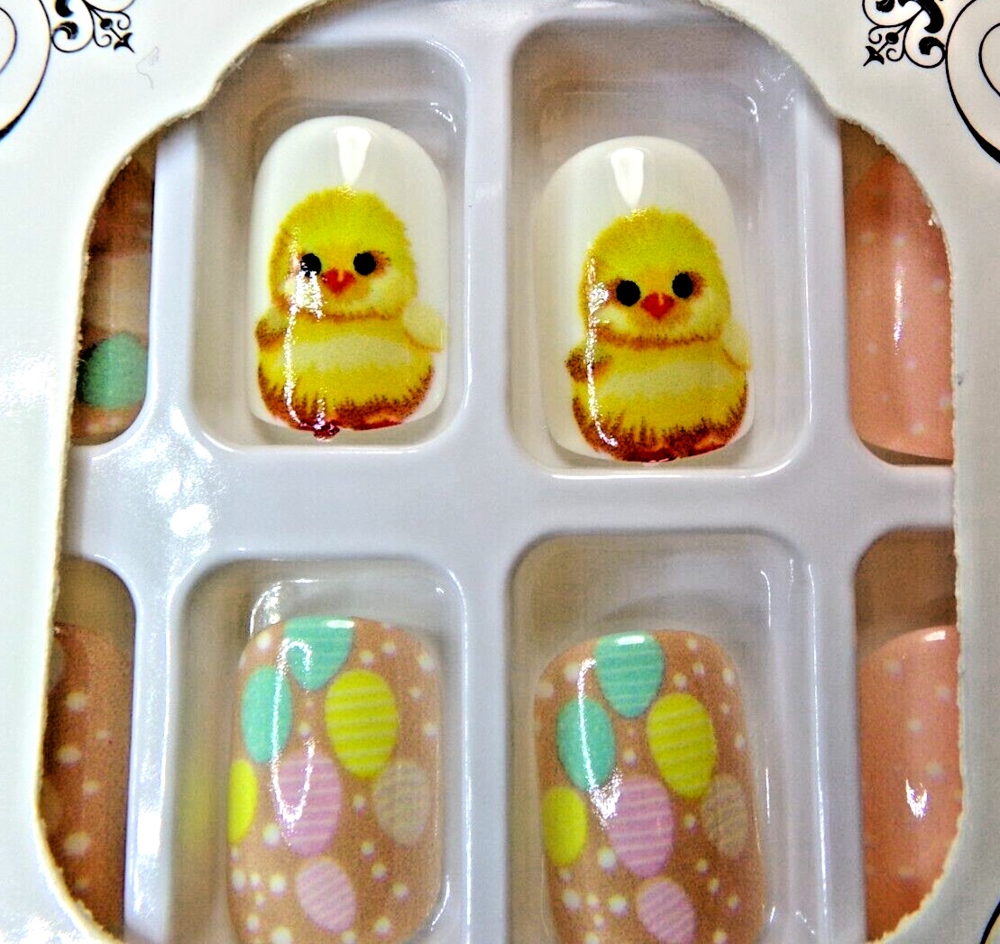 Beautiful Nails Shiny Pink with Easter Eggs and Spring Baby Chicks Short