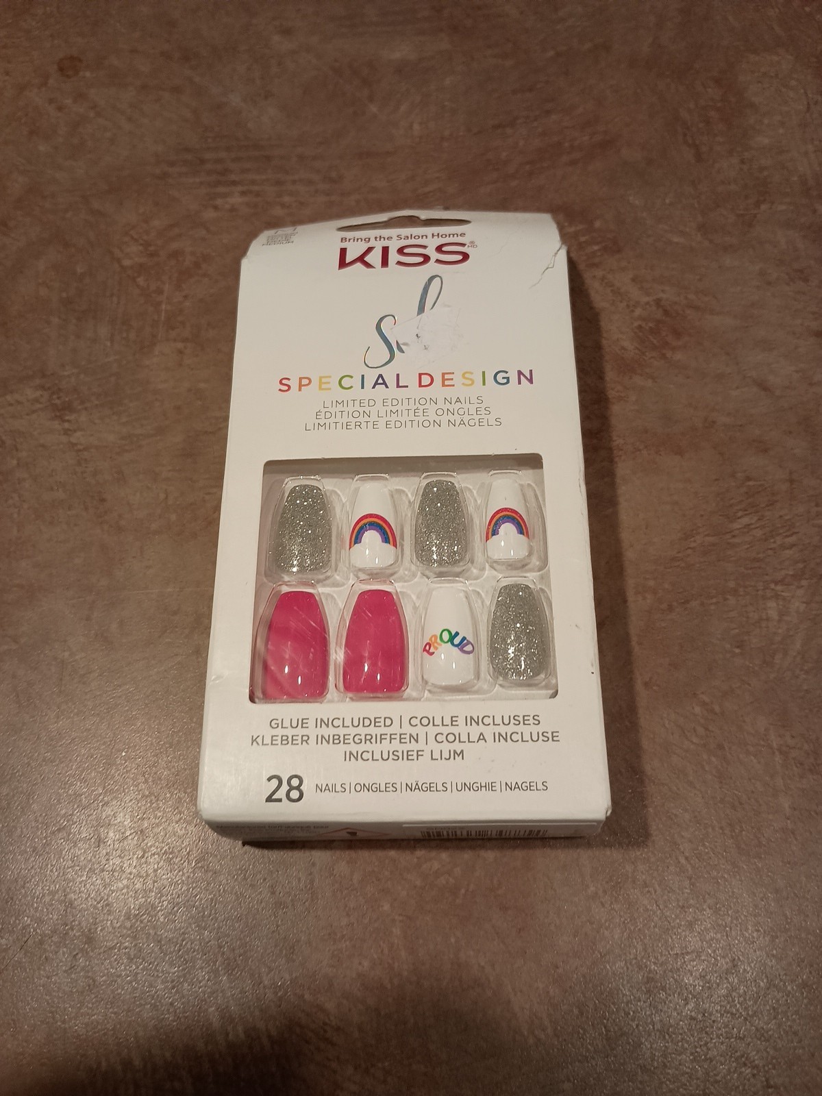 Kiss Nails Special Design Press Glue Manicure Medium Coffin White Rainbow Pride