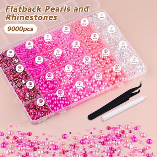 9000PCS Flatback Pearls and Rhinestones for Crafting Mixed Size 3 Dark Pink