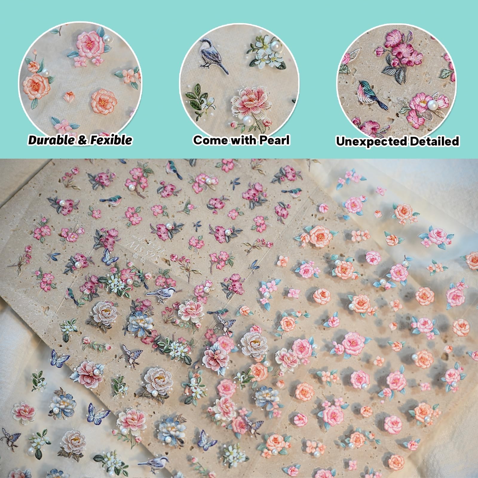 Flower Rose Bird Nail Art Stickers Pearl Rhinestones Embossed Vintage Nail De…