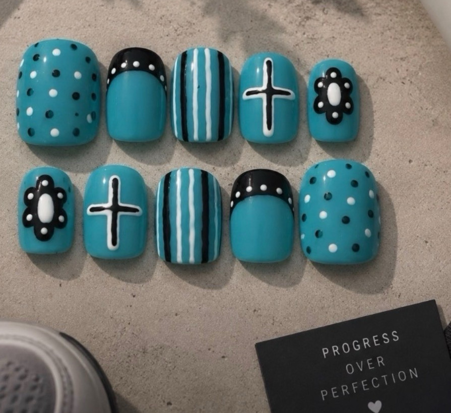 Short Square Glossy Press-On Nails, made by 12 yo trying to chase her dreams
