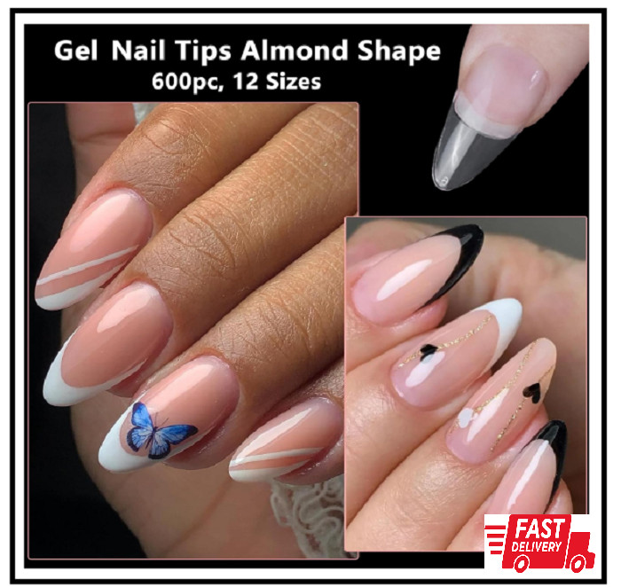 600pc Almond Gel X Nail Tips Full Cover Short Stiletto Fake Nails Clear Mediu…