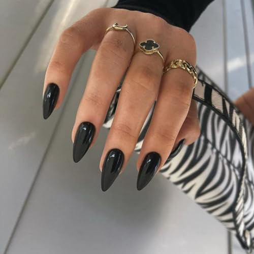 All Black Press on Nails Medium Almond Stiletto, Pure Color Glossy Black