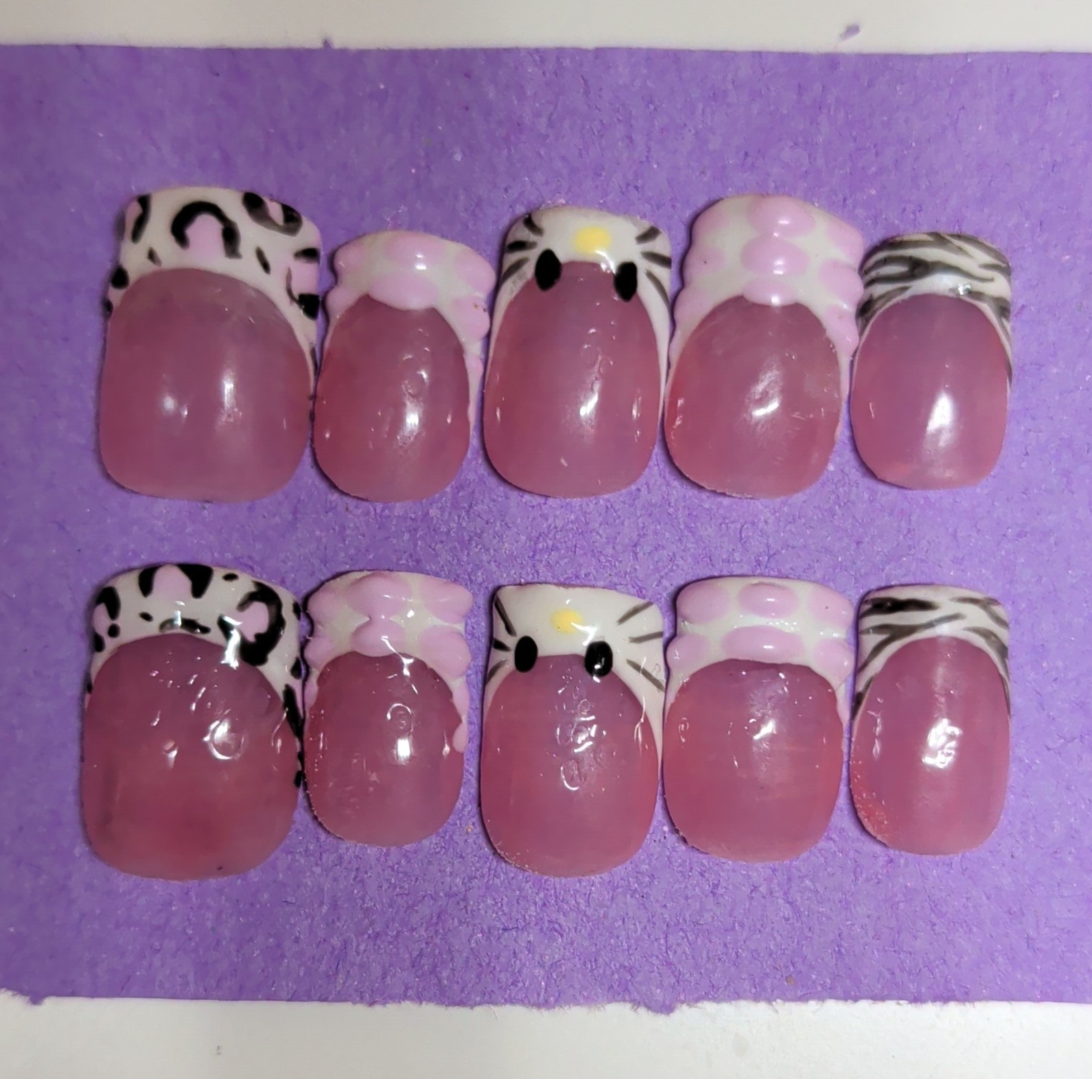 10 Piece Short Square Press-On Nails, Pink White Black 3D Shiny Animal, Handmade