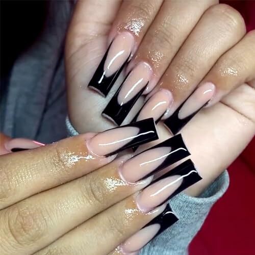 Press on Nails Extra Long Square Fake Nails Glossy Full Cover Black French Tip