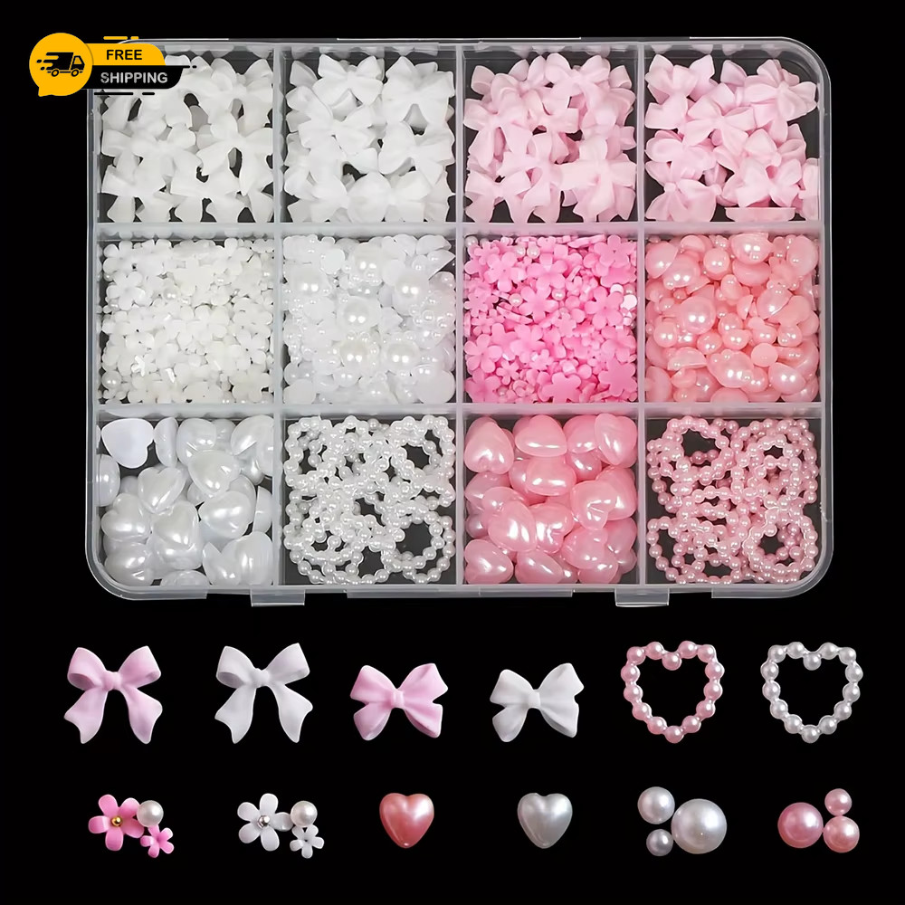500PCS 3D Nail Art Decoration Kit with Resin Bows, Flat Back Pearls, and Assorte