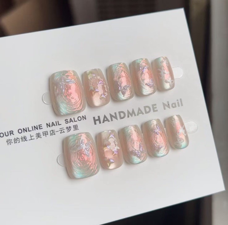 Nail ART STUDIO Pink/White Shiny Butterfly Short Square Press-On Nails Set