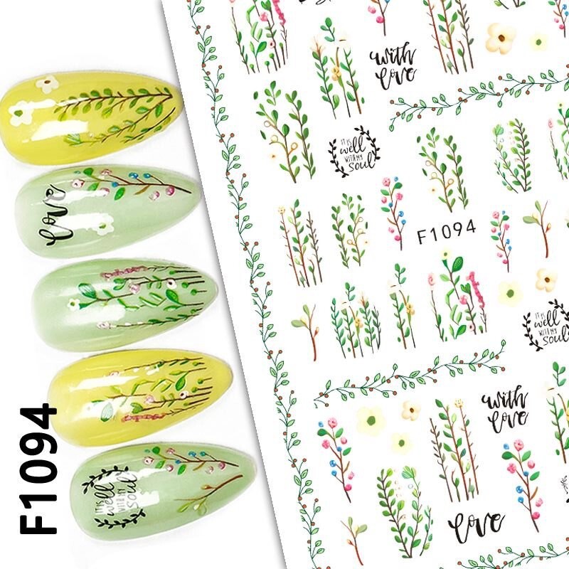 Green Leaf Branch Flower Branch Heart Love Nail Sticker Tree Branch Leaves