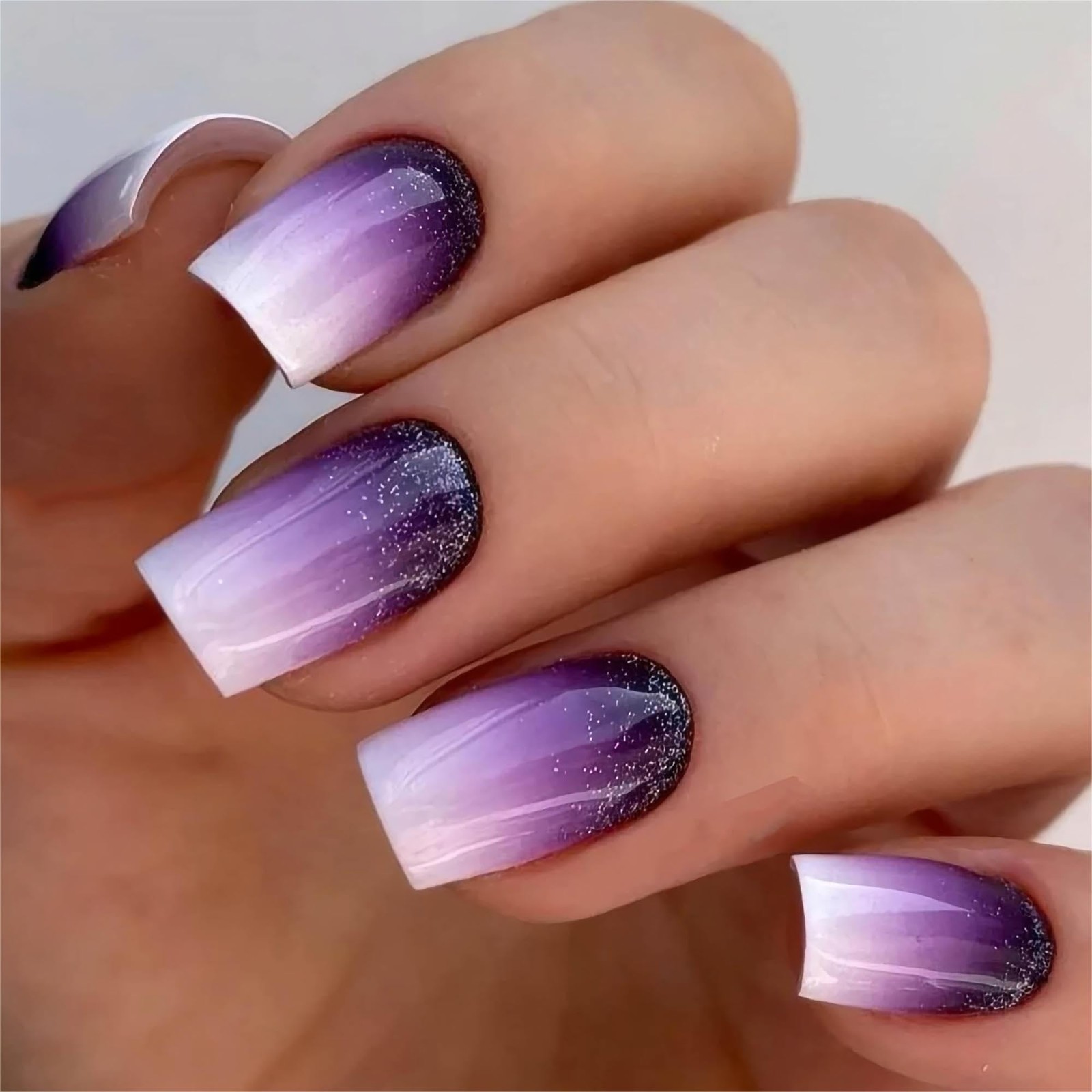 Square Press on Nails Short Fake Nails Purple French Tip False Nails Ombre Glue