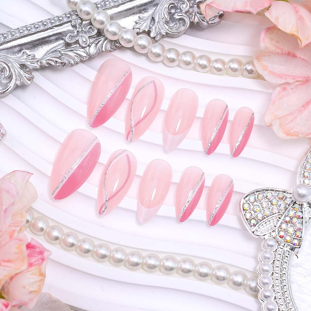 24Pcs French Tip Press on Nails Medium Almond Fake Nails White Silver Curve F…