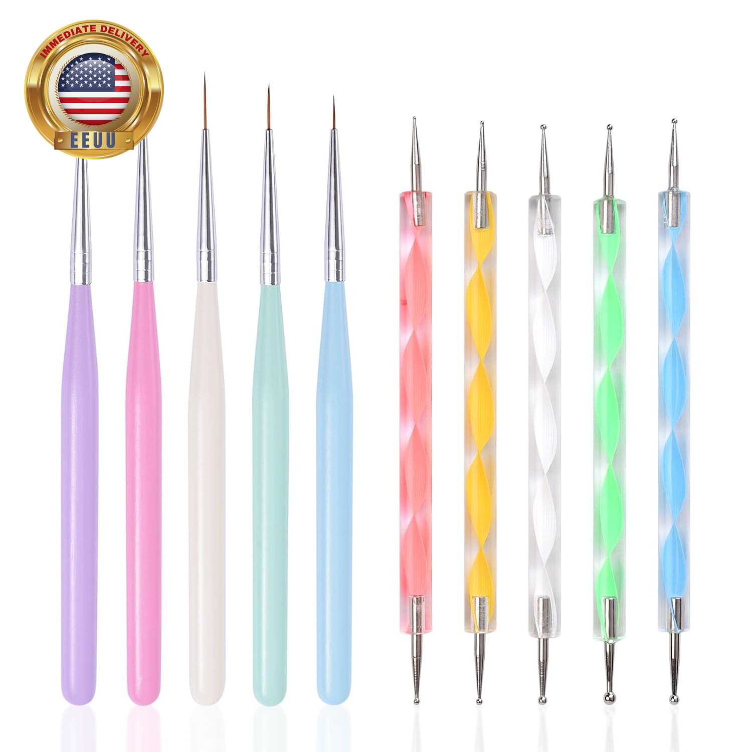 10Pcs Nail Art Brush Kit Double-End Dotting Pens Nail Fine Liner Brushes for UV