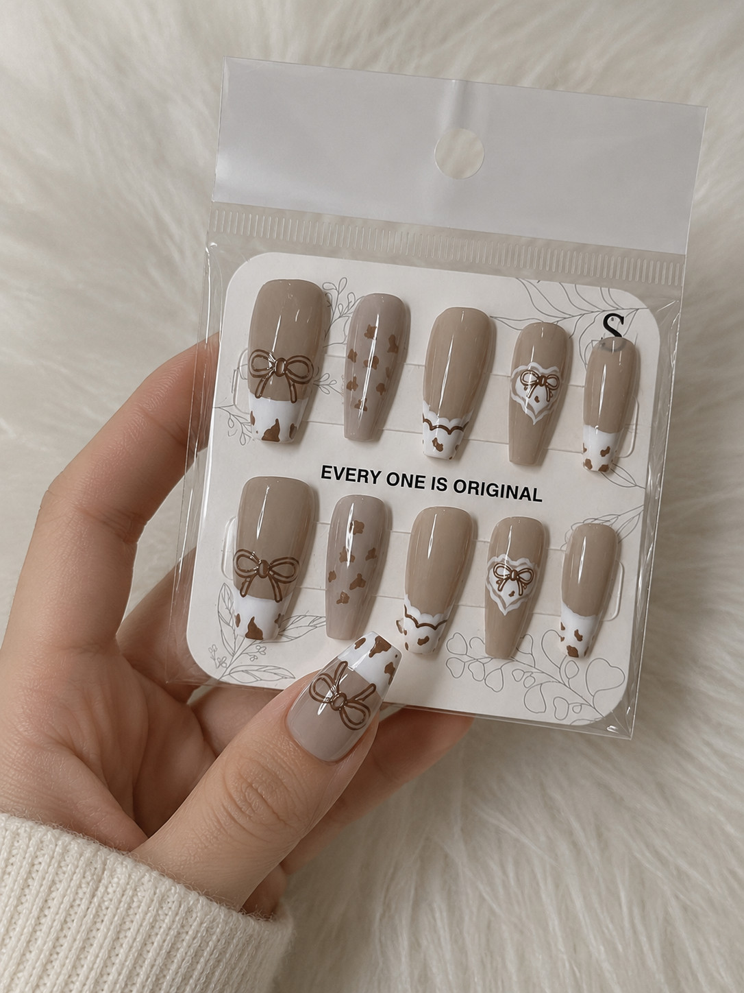 Warm Taupe Nude Coquette Bow Press-On Nails – Glossy Coffin Nails – Small